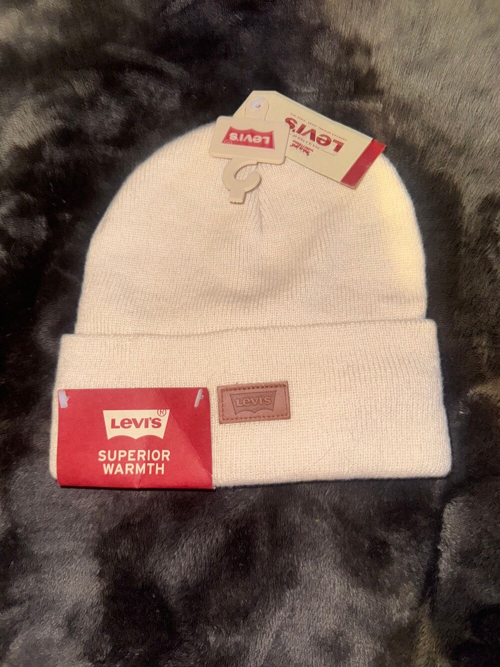 Levi's Cream Knit Beanie Hat with Leather Logo Patch New